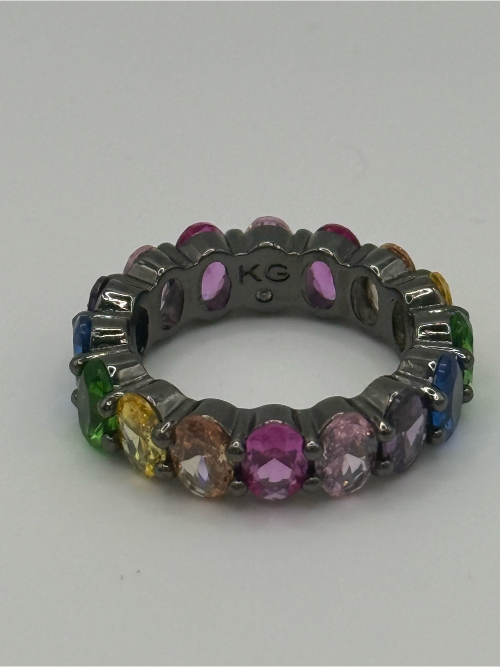 Kurt Geiger Multicolor Gemstone Eternity Ring Gun Metal Silver